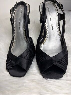 Chinese Laundry Black Satin Peep Toe Slingback Heels Size 8